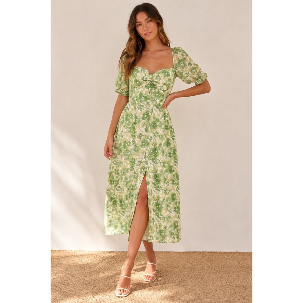 Seven‎ Wonders Green Floral Midi Dress Sweetheart Puff Sleeve Slit US 6 M